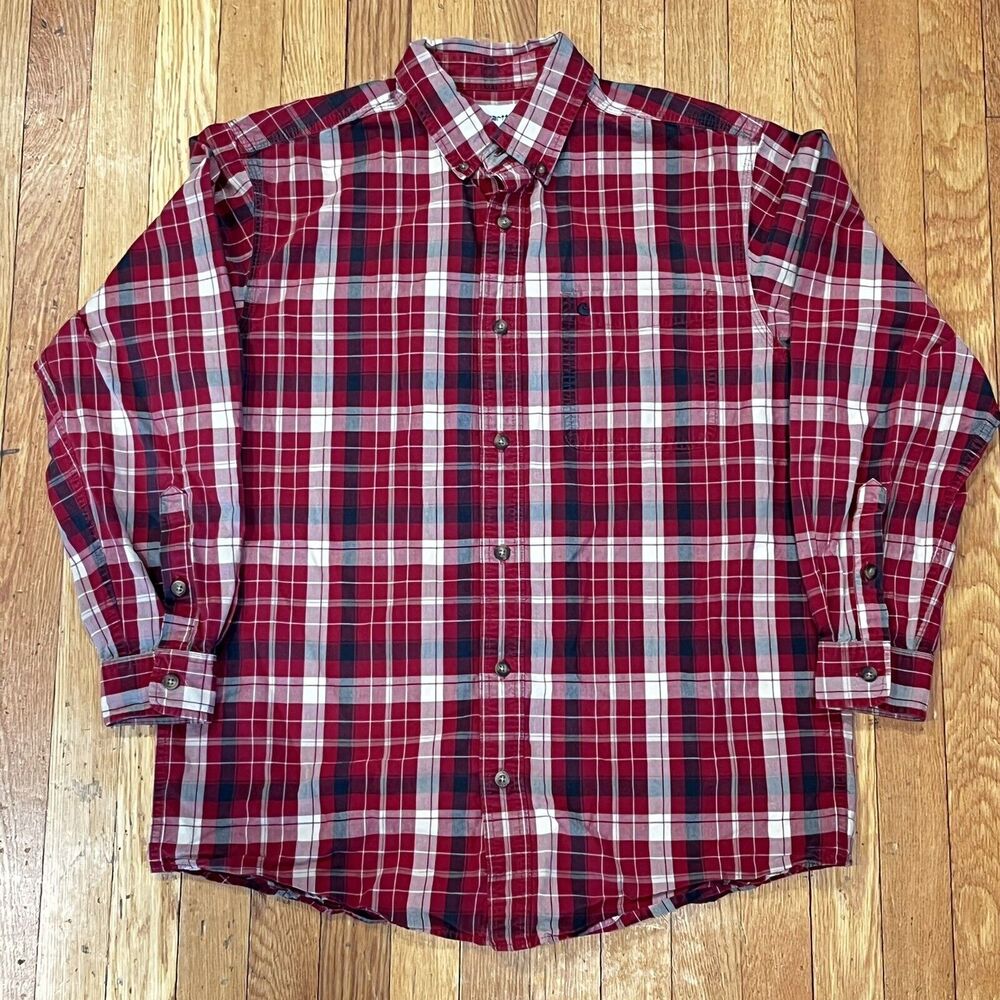Carhartt Button Up Shirt Mens Red Plaid Long Sleeve Casual Workwear Large